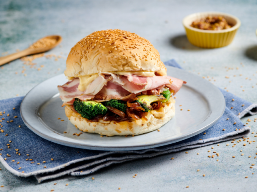 PORCHETTA BURGER WITH BROCCOLI, CARAMELIZED ONIONS AND PROVOLONE